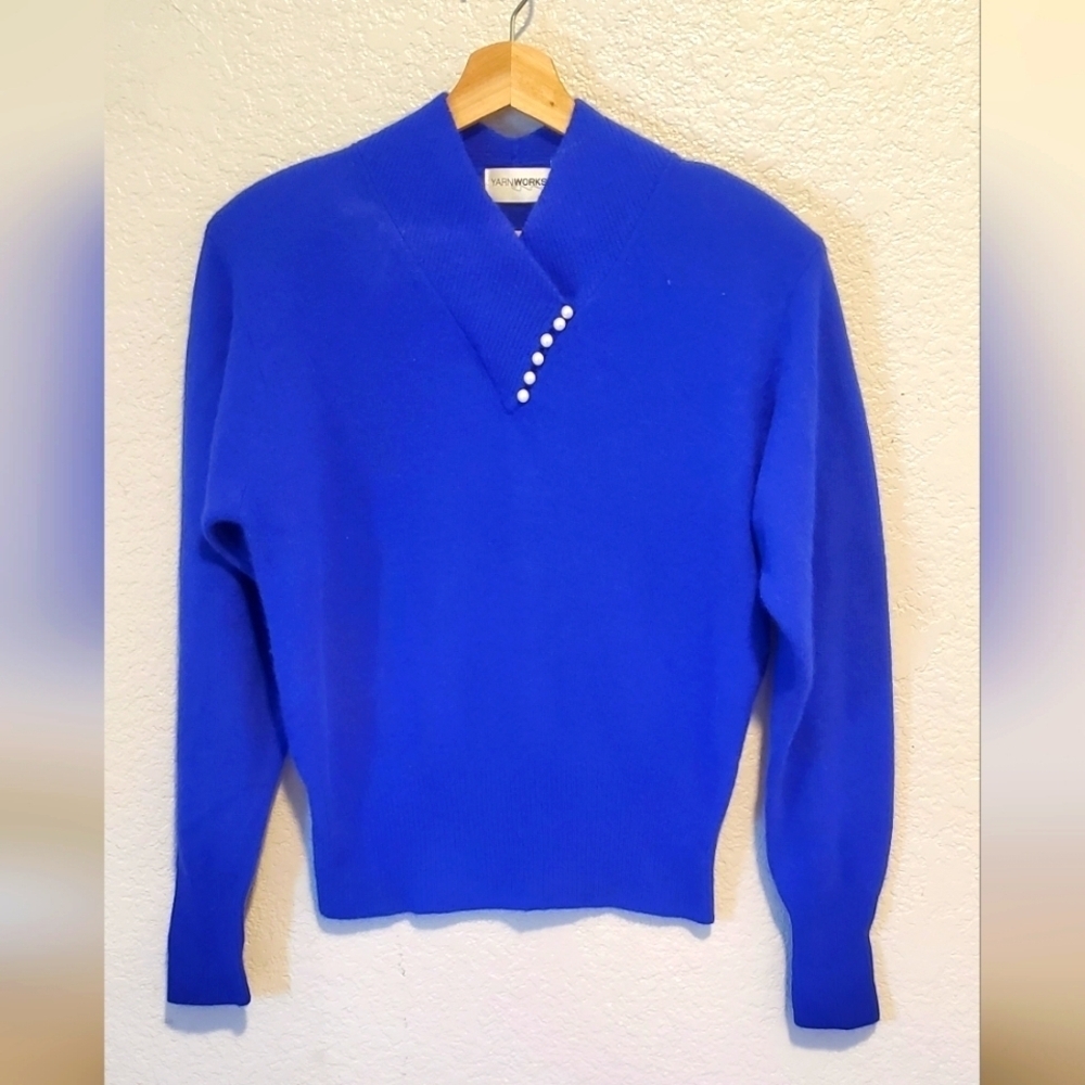 Rabbit Hair & Lambs Wool Royal Blue Knit Sweater with Pearl Buttons